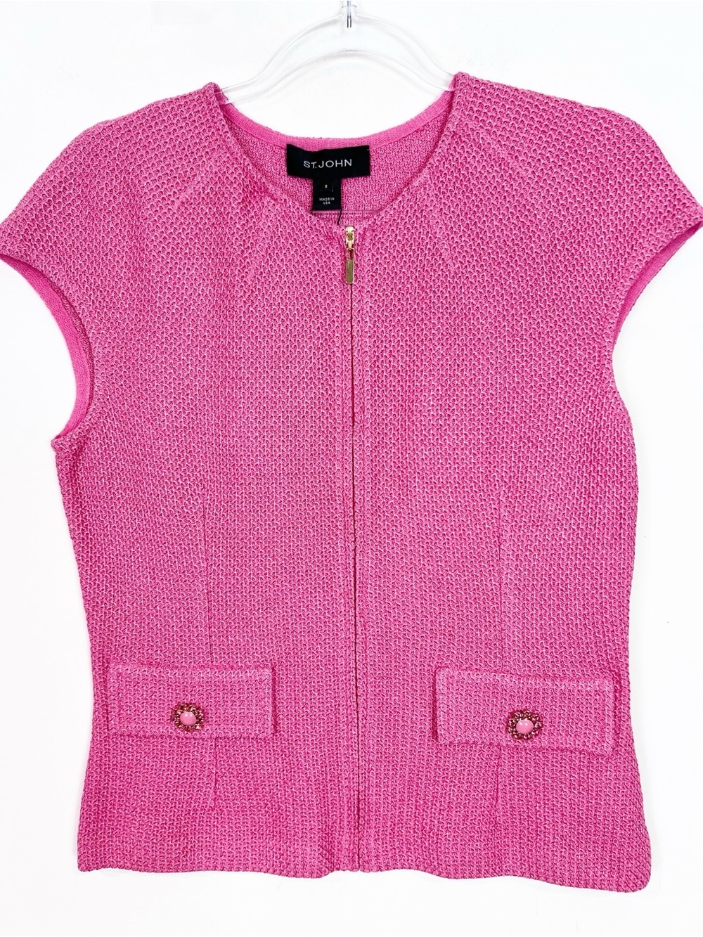 ST. JOHN PINK TEXTURED KNIT ZIP FRONT CAP SLEEVE SHIRT WOMENS SZ 8